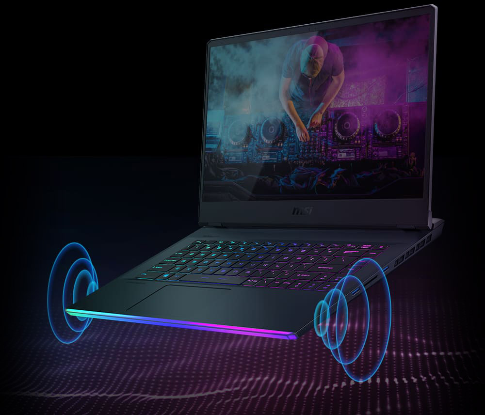 An opened GE66 Raider laptop has its sound wave displayed.